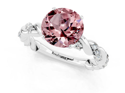 White gold Round Cut Morganite Solitaire Ring with Twisted Band and Pavé Accents_1