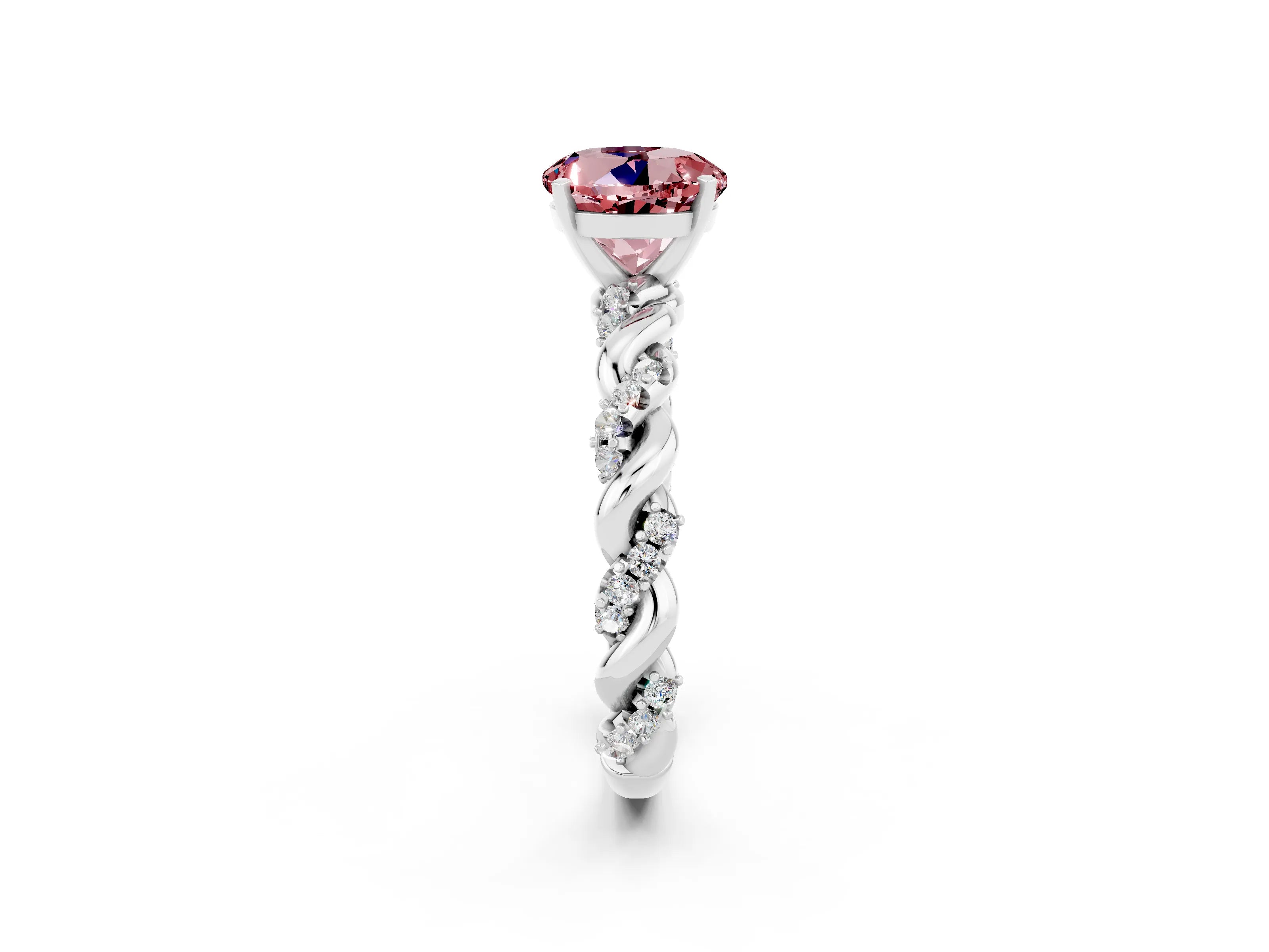 White gold Round Cut Morganite Solitaire Ring with Twisted Band and Pavé Accents_2