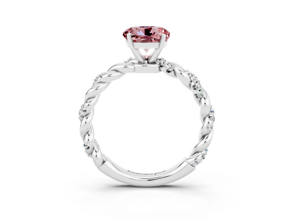 White gold Round Cut Morganite Solitaire Ring with Twisted Band and Pavé Accents
