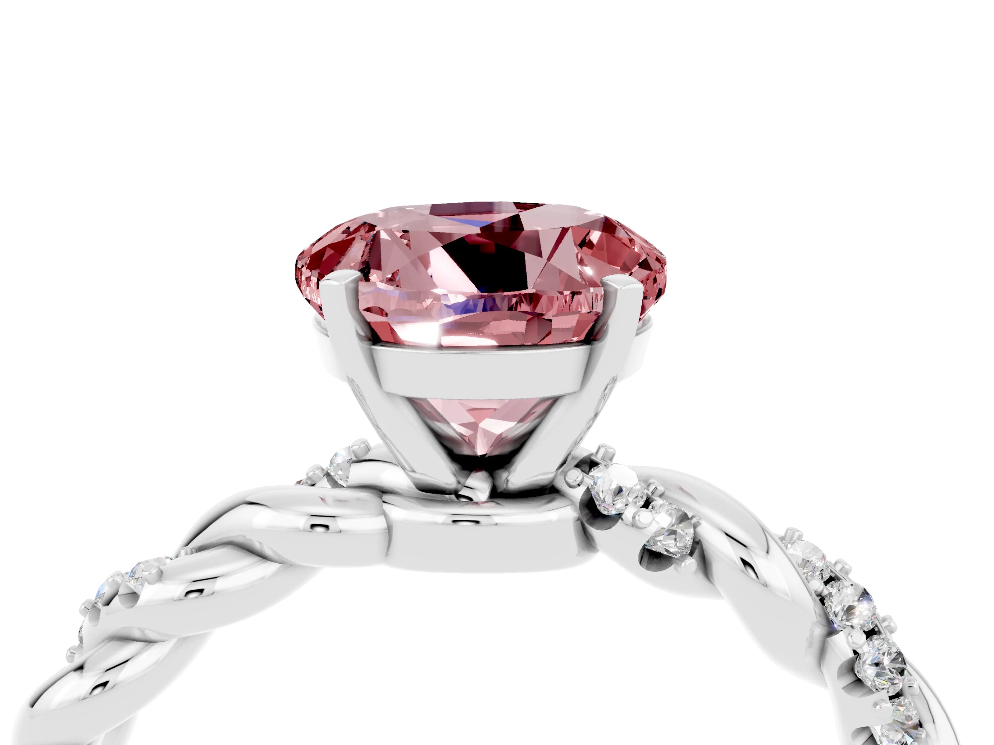 White gold Round Cut Morganite Solitaire Ring with Twisted Band and Pavé Accents_4