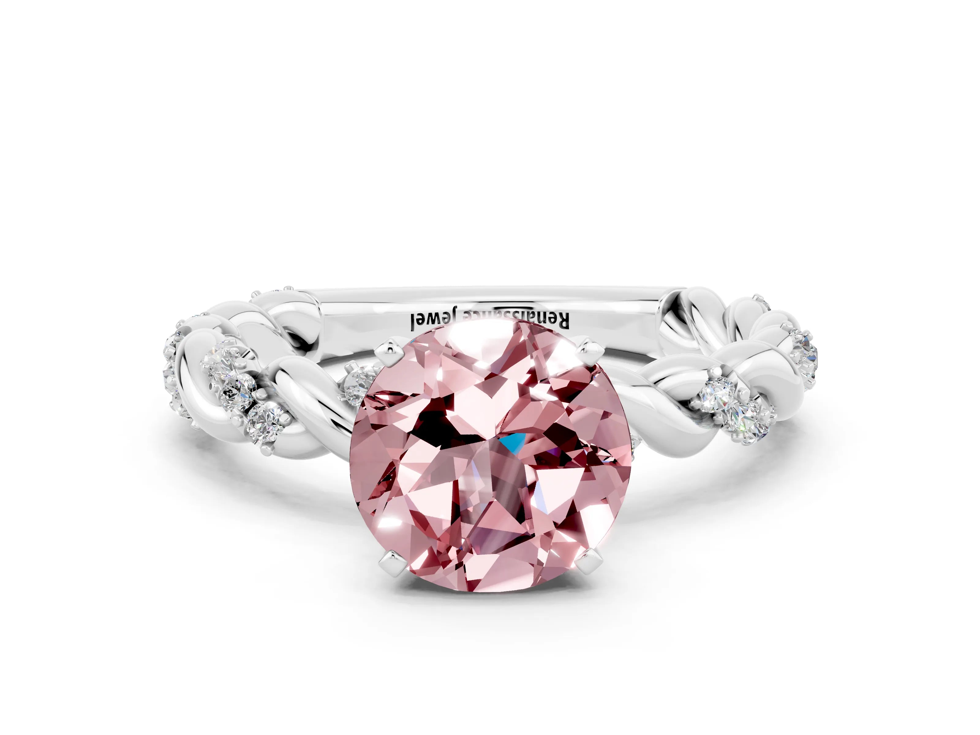 White gold Round Cut Morganite Solitaire Ring with Twisted Band and Pavé Accents