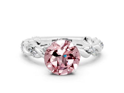 White gold Round Cut Morganite Solitaire Ring with Twisted Band and Pavé Accents