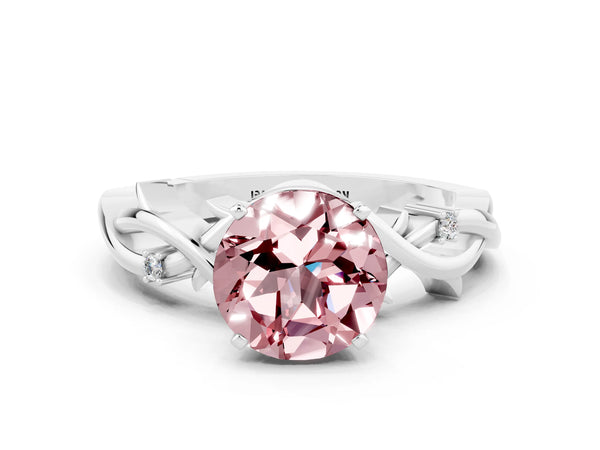 Platinum Round Cut Morganite Solitaire Ring with Twisted Band and Prong Setting