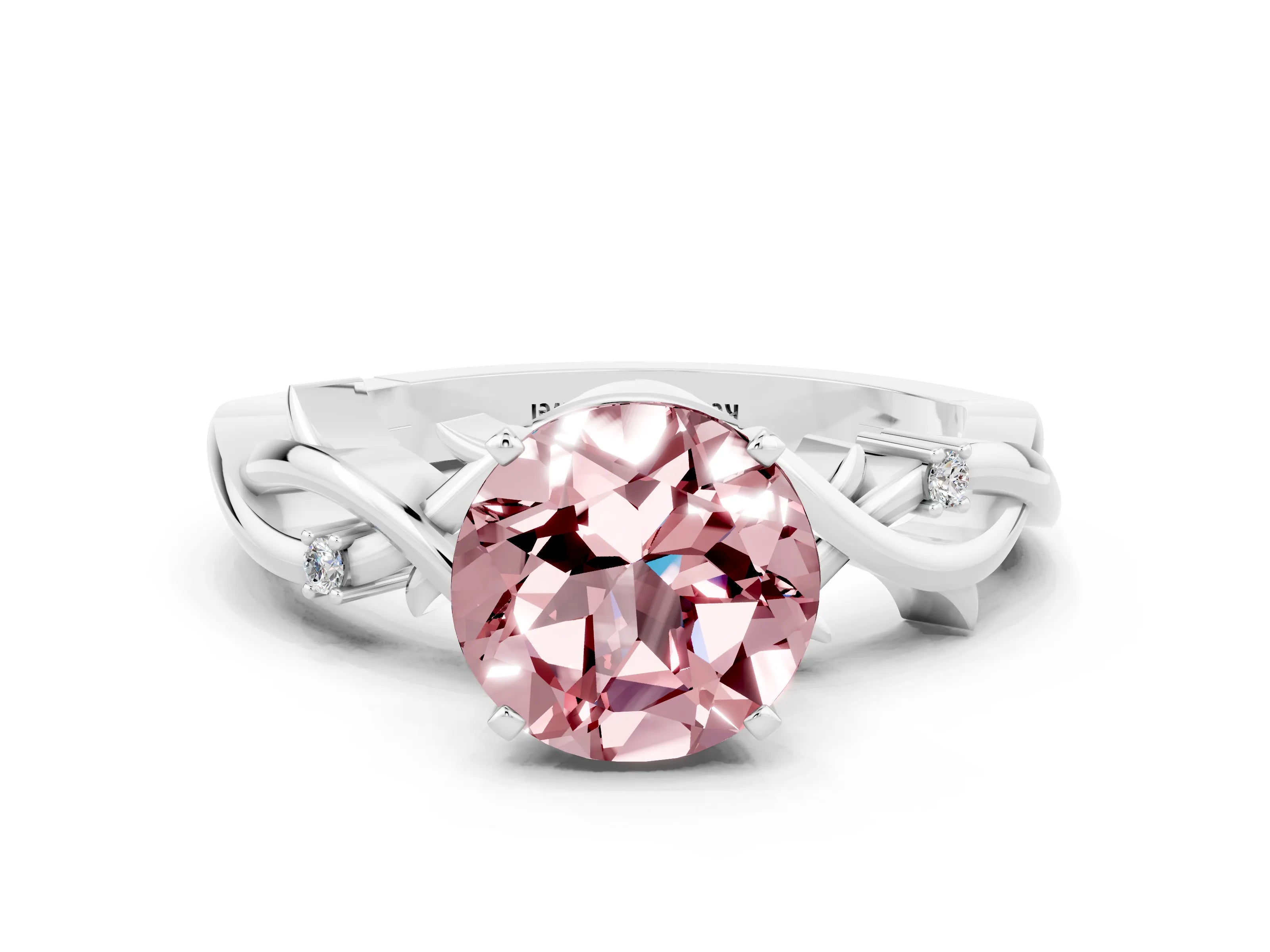 White gold Round Cut Morganite Solitaire Ring with Twisted Band and Prong Setting_12