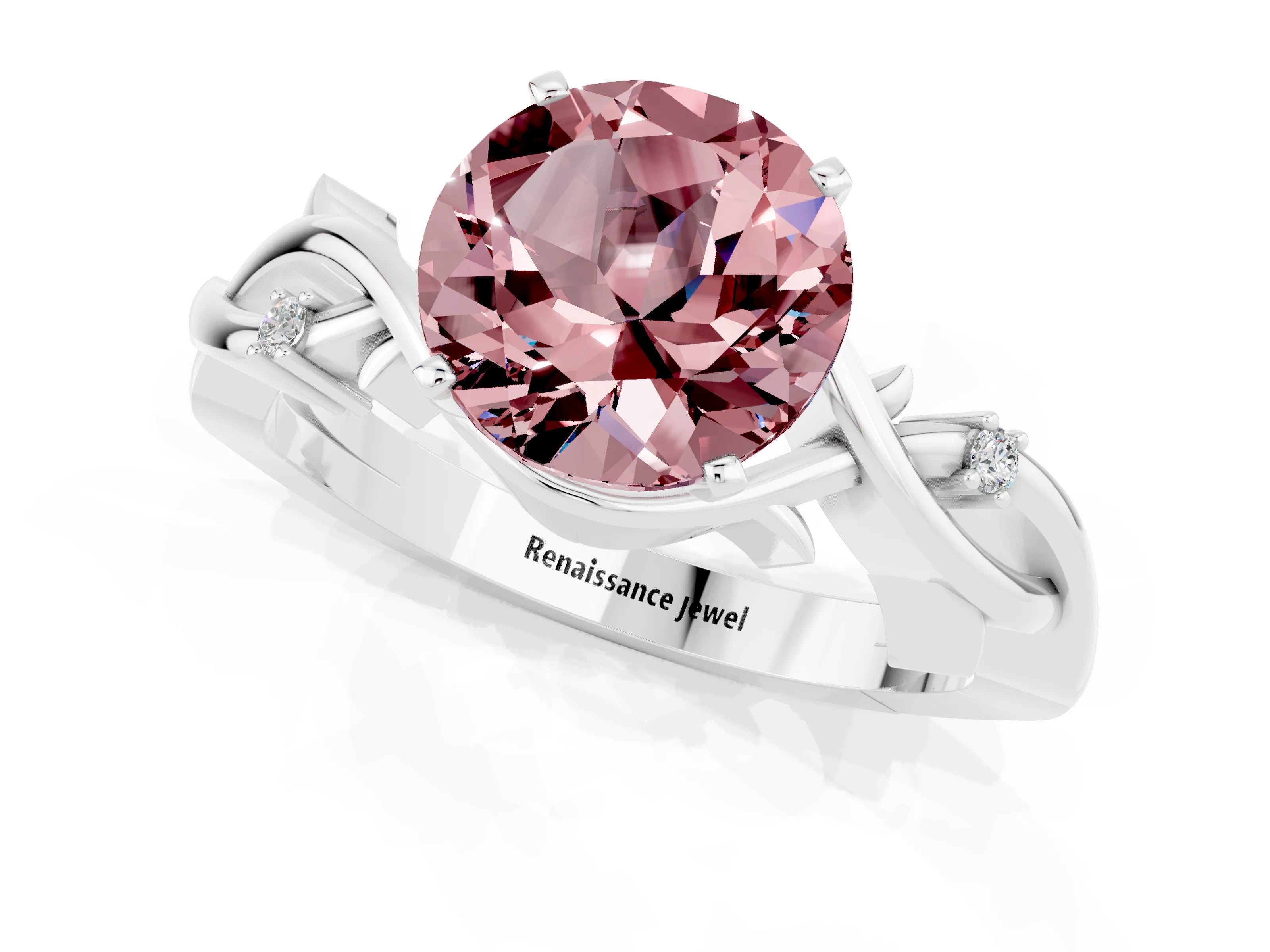 White gold Round Cut Morganite Solitaire Ring with Twisted Band and Prong Setting_13
