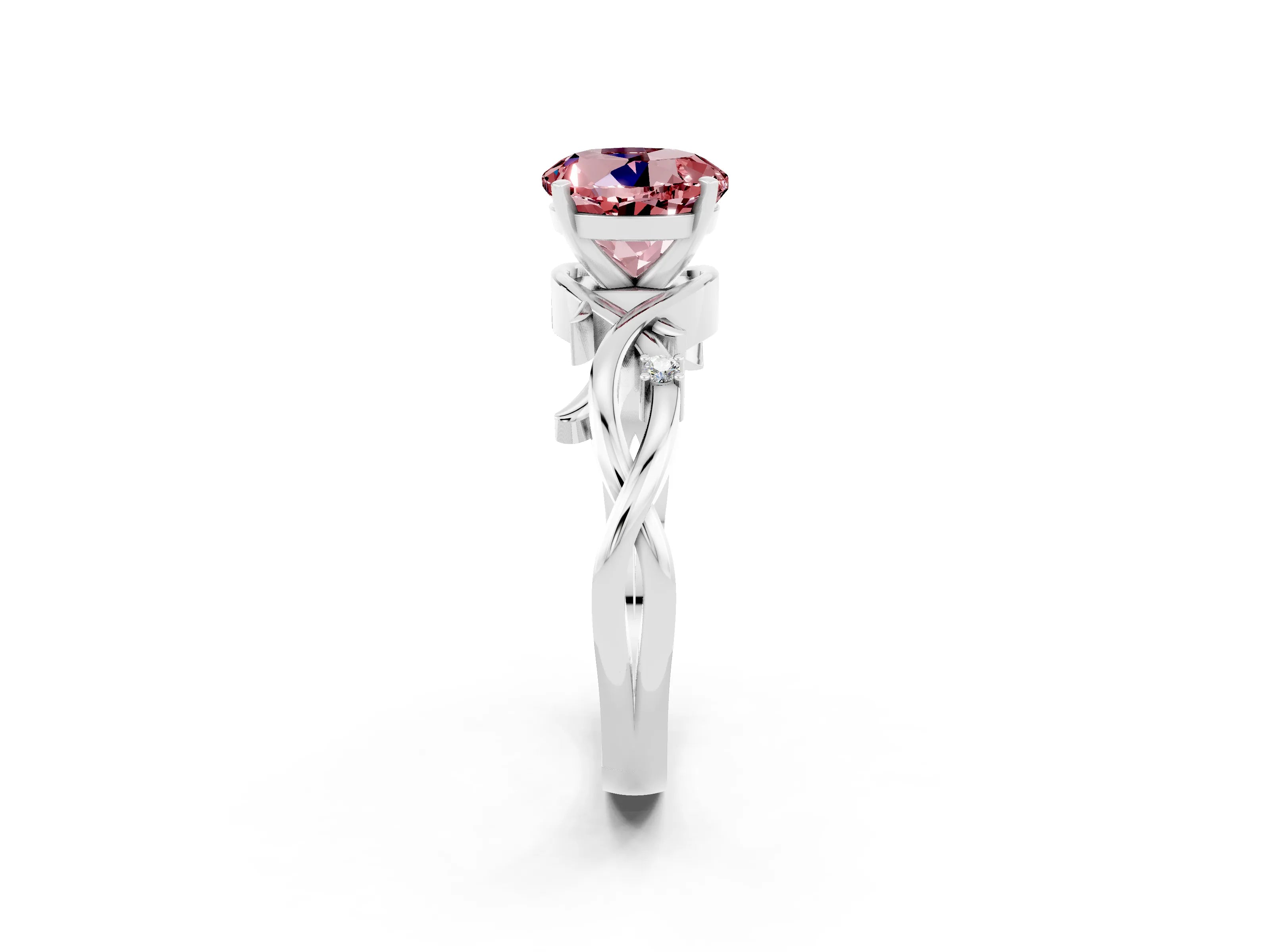 White gold Round Cut Morganite Solitaire Ring with Twisted Band and Prong Setting_2