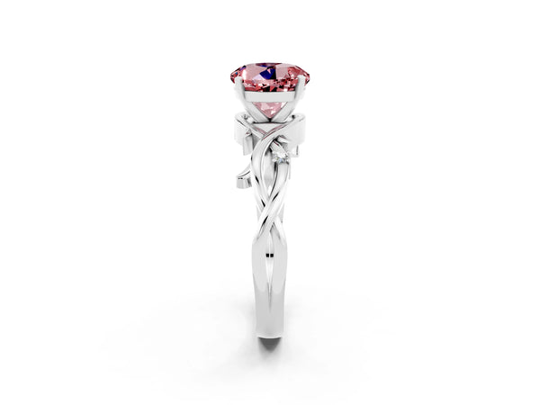 Platinum Round Cut Morganite Solitaire Ring with Twisted Band and Prong Setting