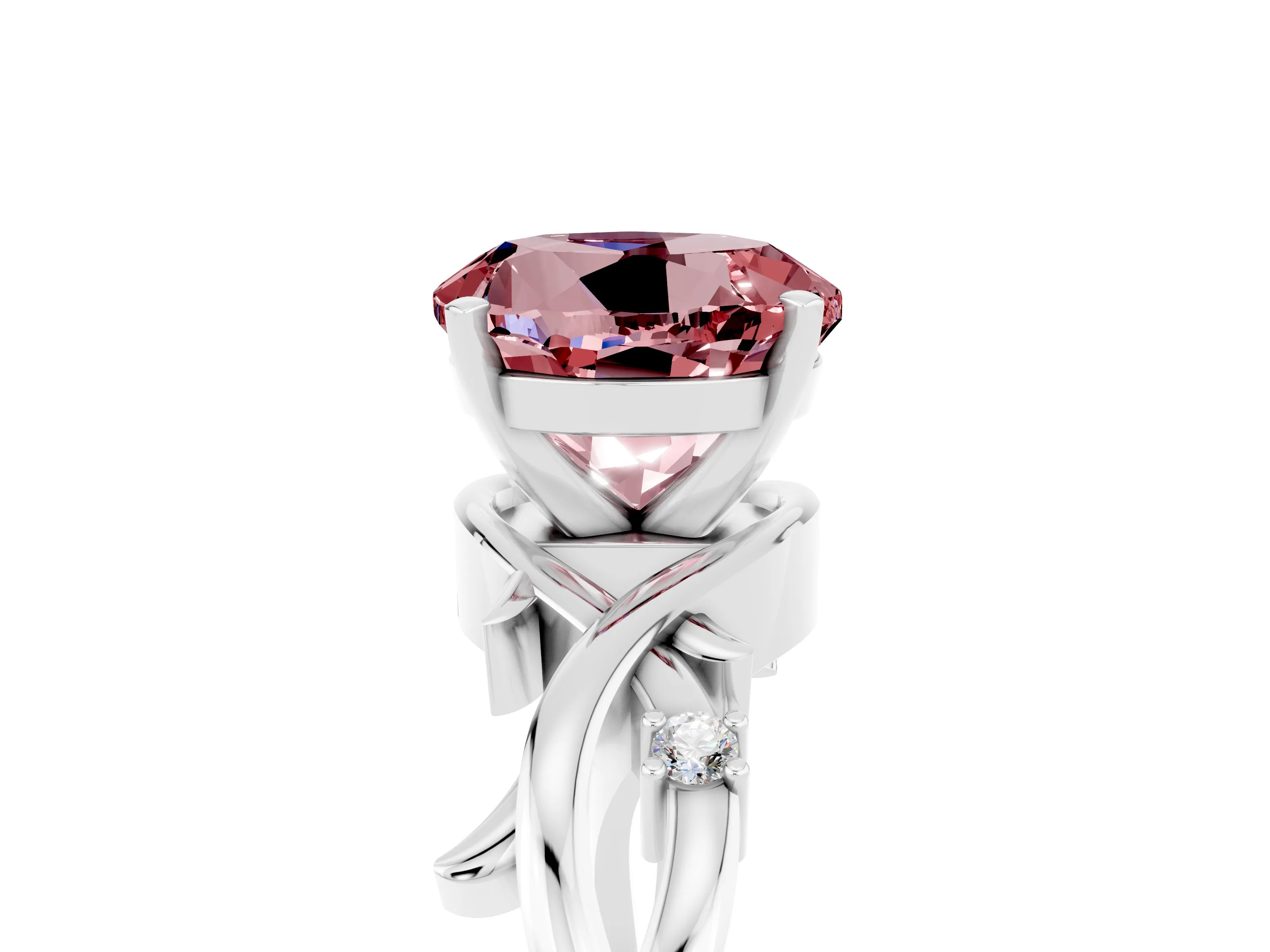 White gold Round Cut Morganite Solitaire Ring with Twisted Band and Prong Setting_5