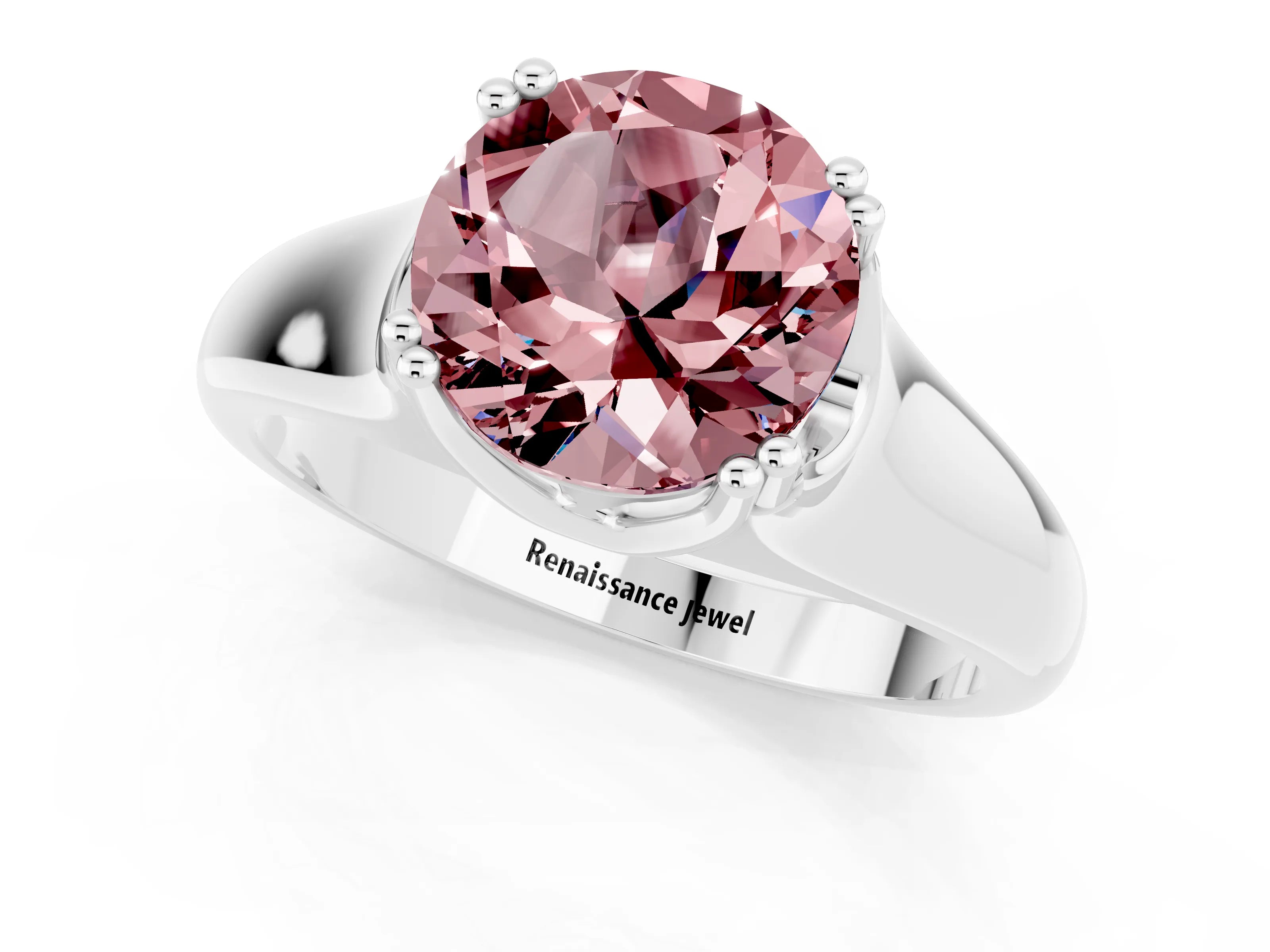 White gold Round Cut Morganite Solitaire Ring with Wide Band and Prong Setting_1