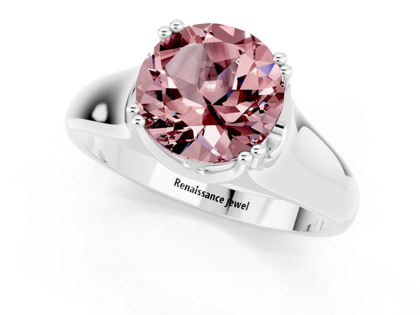 Silver Round Cut Morganite Solitaire Ring with Wide Band and Prong Setting