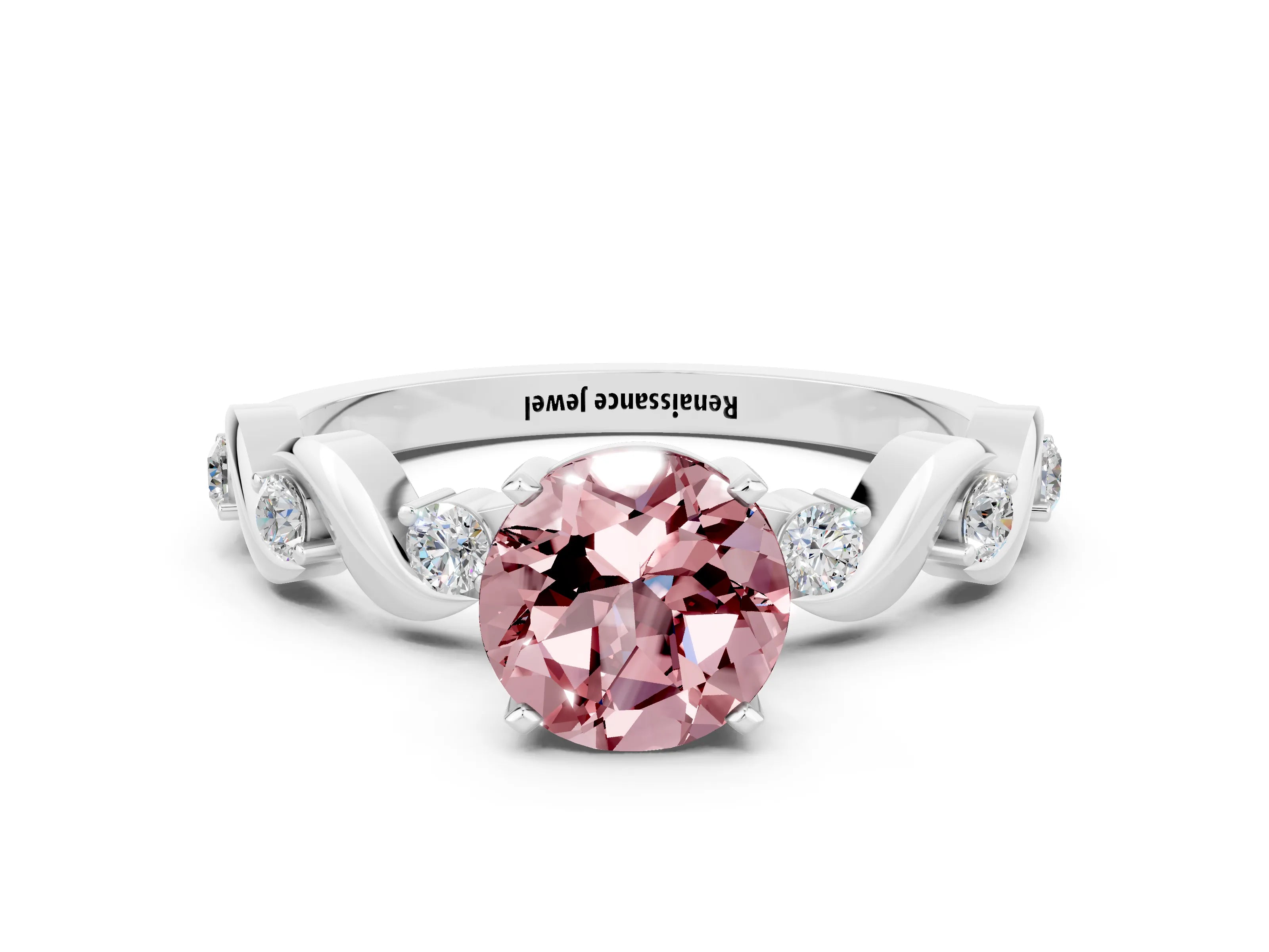 White gold Round Cut Morganite Solitaire Twisted Band with Round  Accents and Prong Setting_12