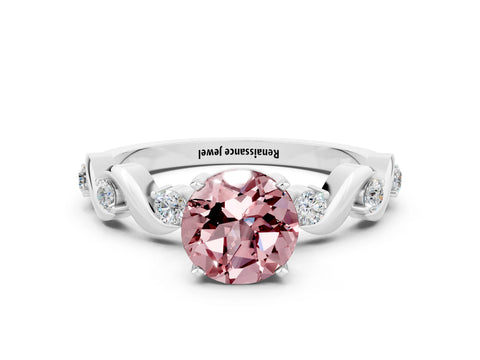 White gold Round Cut Morganite Solitaire Twisted Band with Round  Accents and Prong Setting_12