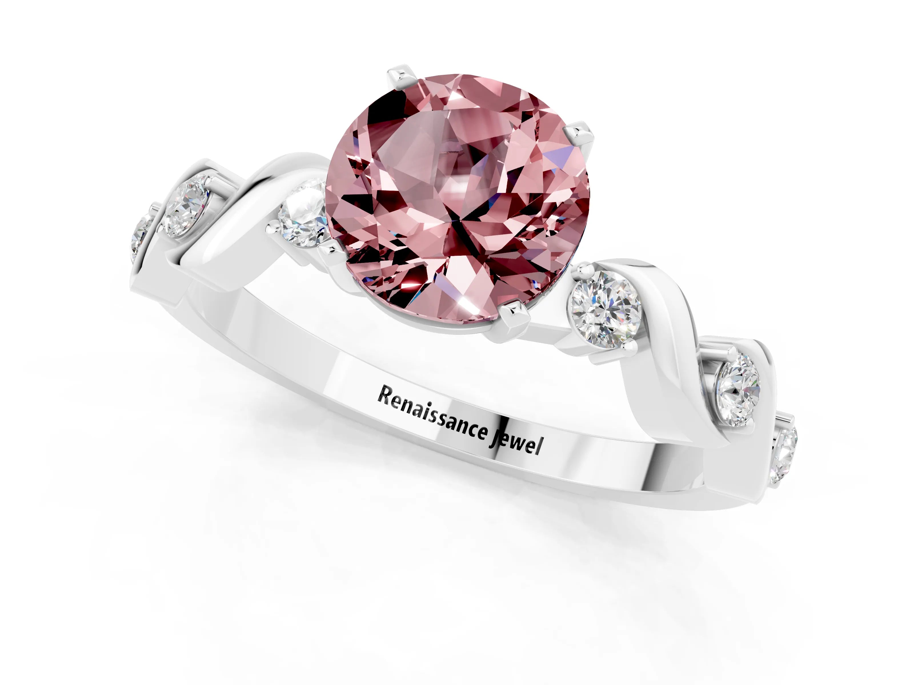 White gold Round Cut Morganite Solitaire Twisted Band with Round  Accents and Prong Setting_13