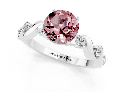 White gold Round Cut Morganite Solitaire Twisted Band with Round  Accents and Prong Setting_13