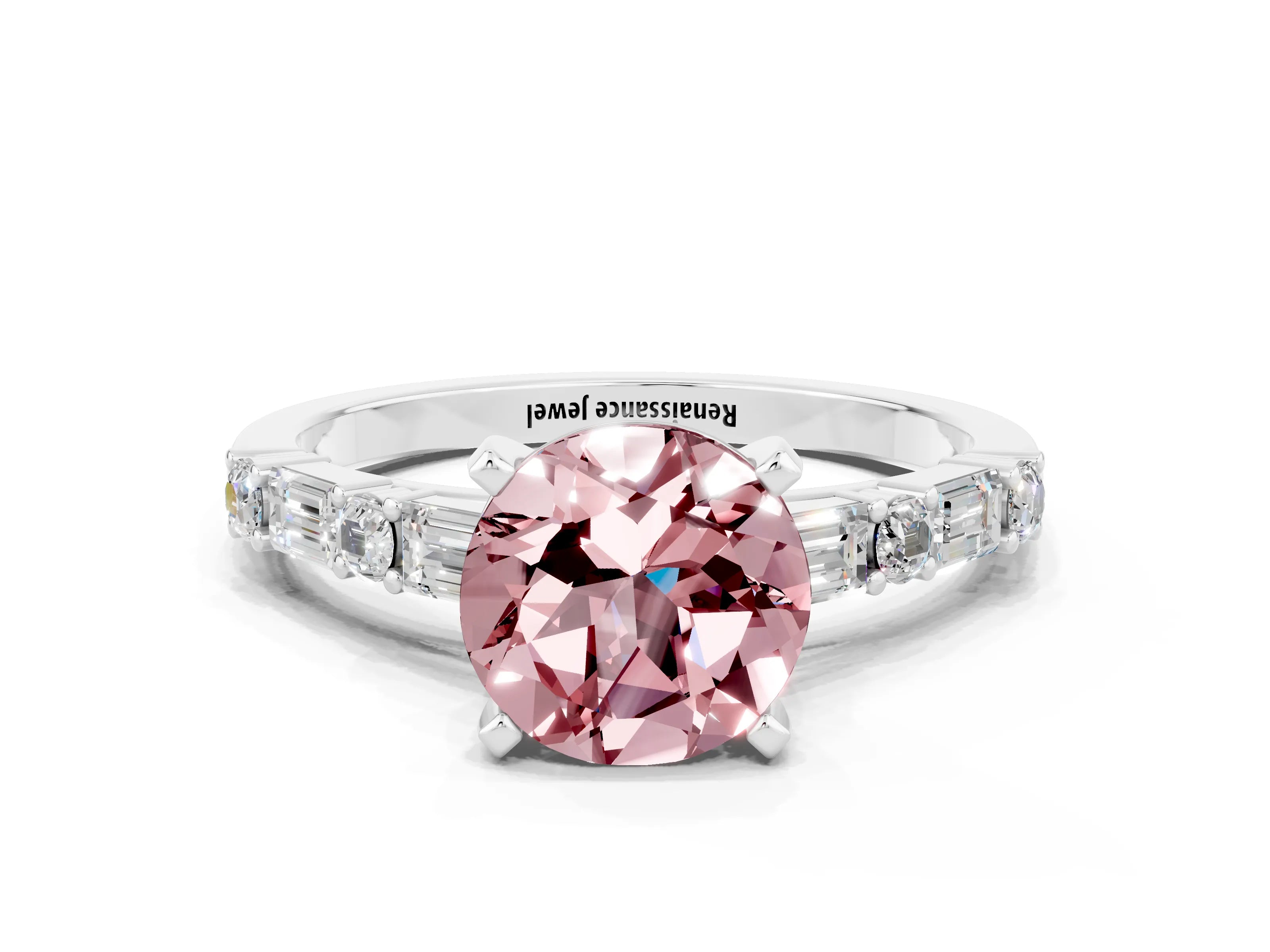 White gold Round Cut Morganite Solitaire with Side Baguettes and Channel Set Band