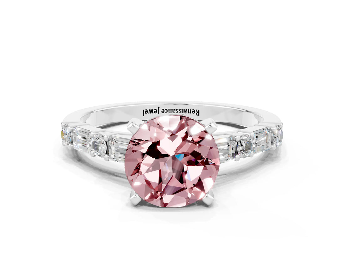 White gold Round Cut Morganite Solitaire with Side Baguettes and Channel Set Band
