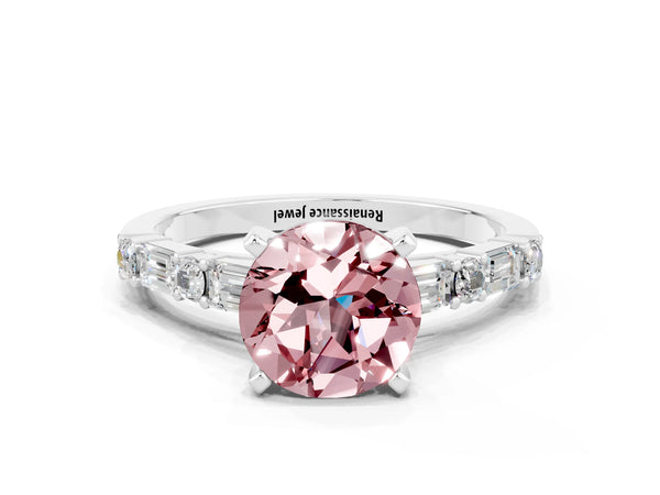 Platinum Round Cut Morganite Solitaire with Side Baguettes and Channel Set Band