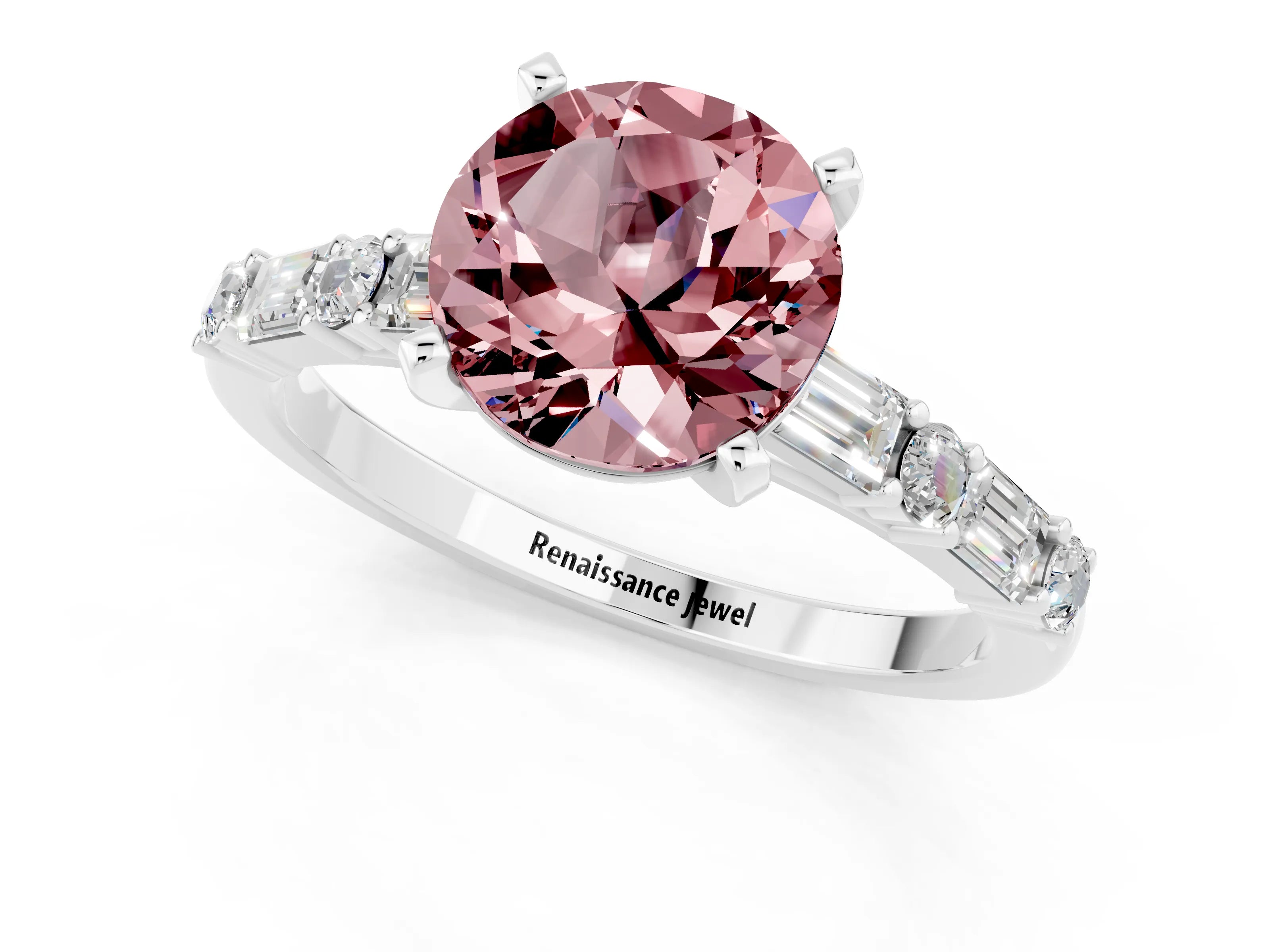 White gold Round Cut Morganite Solitaire with Side Baguettes and Channel Set Band_1