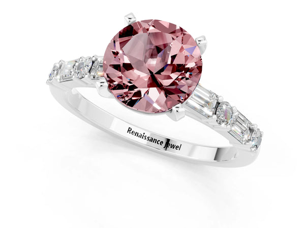 Silver Round Cut Morganite Solitaire with Side Baguettes and Channel Set Band