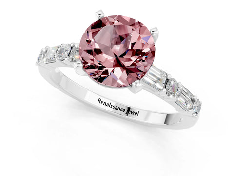 White gold Round Cut Morganite Solitaire with Side Baguettes and Channel Set Band_1
