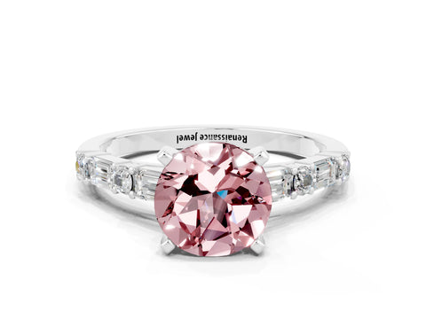 White gold Round Cut Morganite Solitaire with Side Baguettes and Channel Set Band