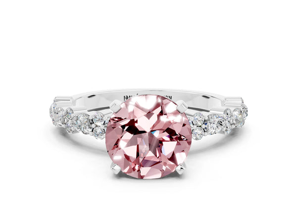 White gold Round Cut Morganite Side Stone Solitaire Ring with Round  and Four-Prong Setting