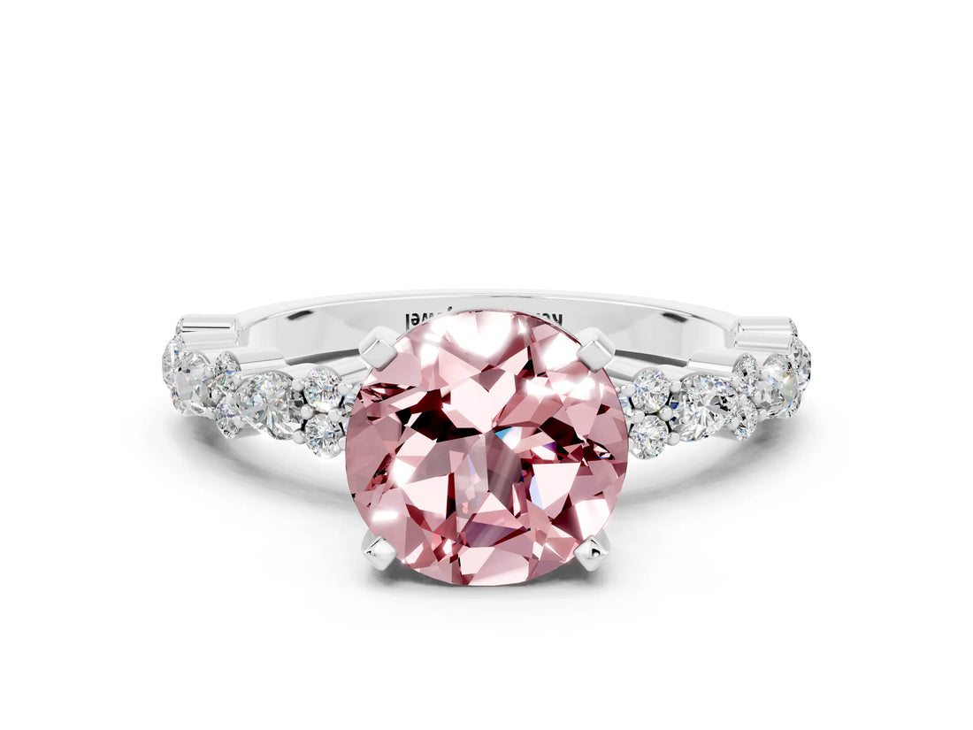 White gold Round Cut Morganite Solitaire with Side Stones, Pave Band, Four-Prong Setting_24