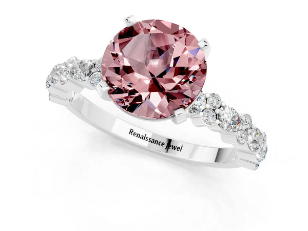 White gold Round Cut Morganite Side Stone Solitaire Ring with Round  and Four-Prong Setting