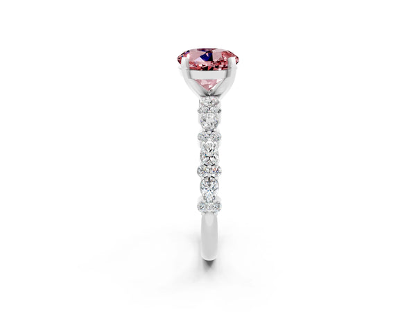 Silver Round Cut Morganite Side Stone Solitaire Ring with Round  and Four-Prong Setting