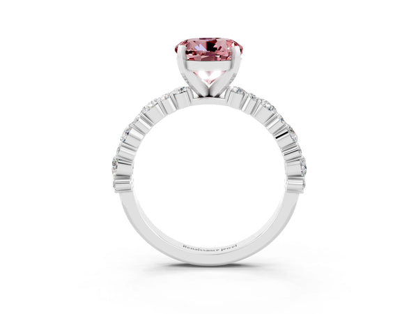 Silver Round Cut Morganite Side Stone Solitaire Ring with Round  and Four-Prong Setting