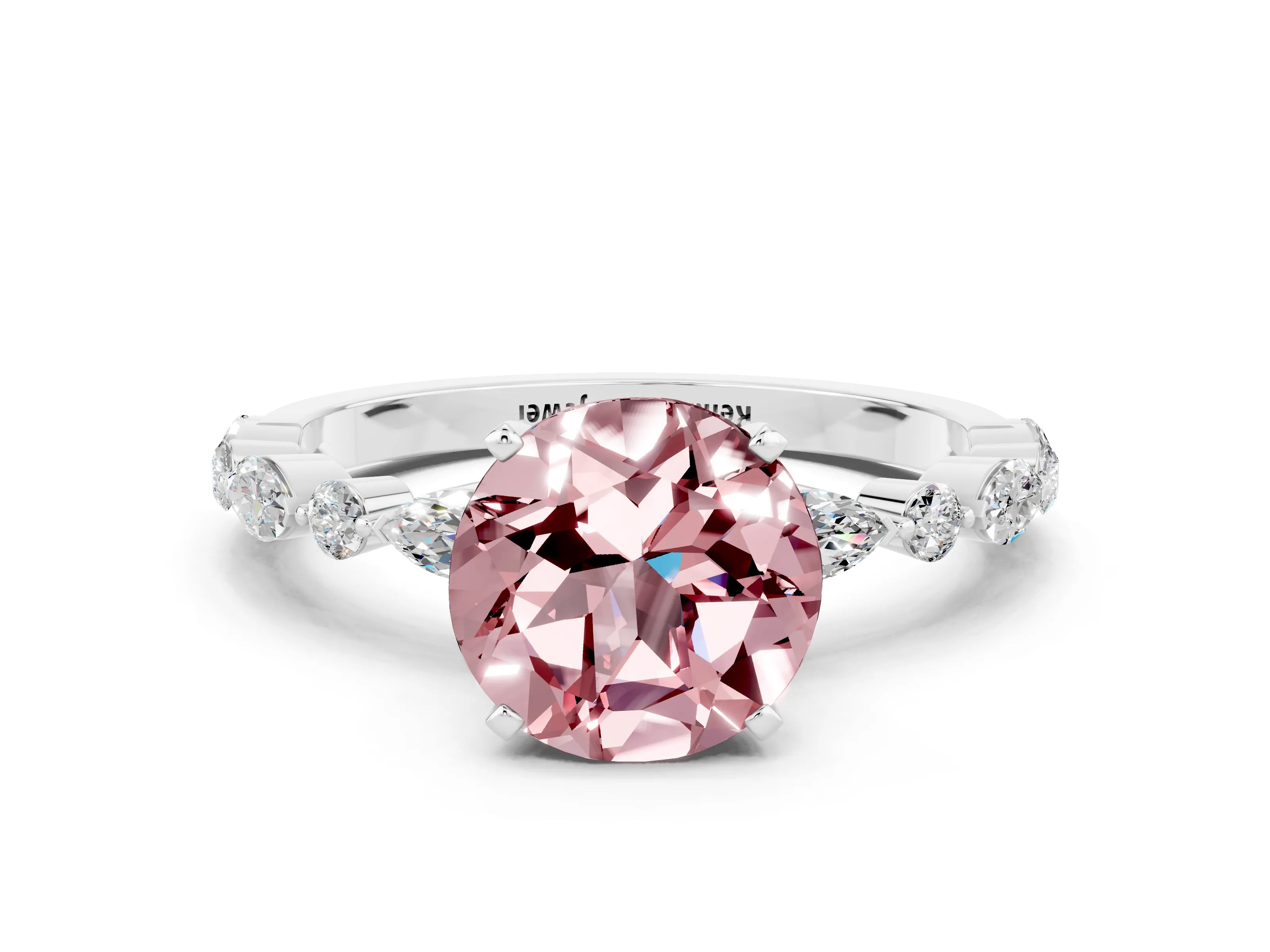 White gold Round Cut Morganite Solitaire with Side Stones on a Pavé Band and Four-Prong Setting