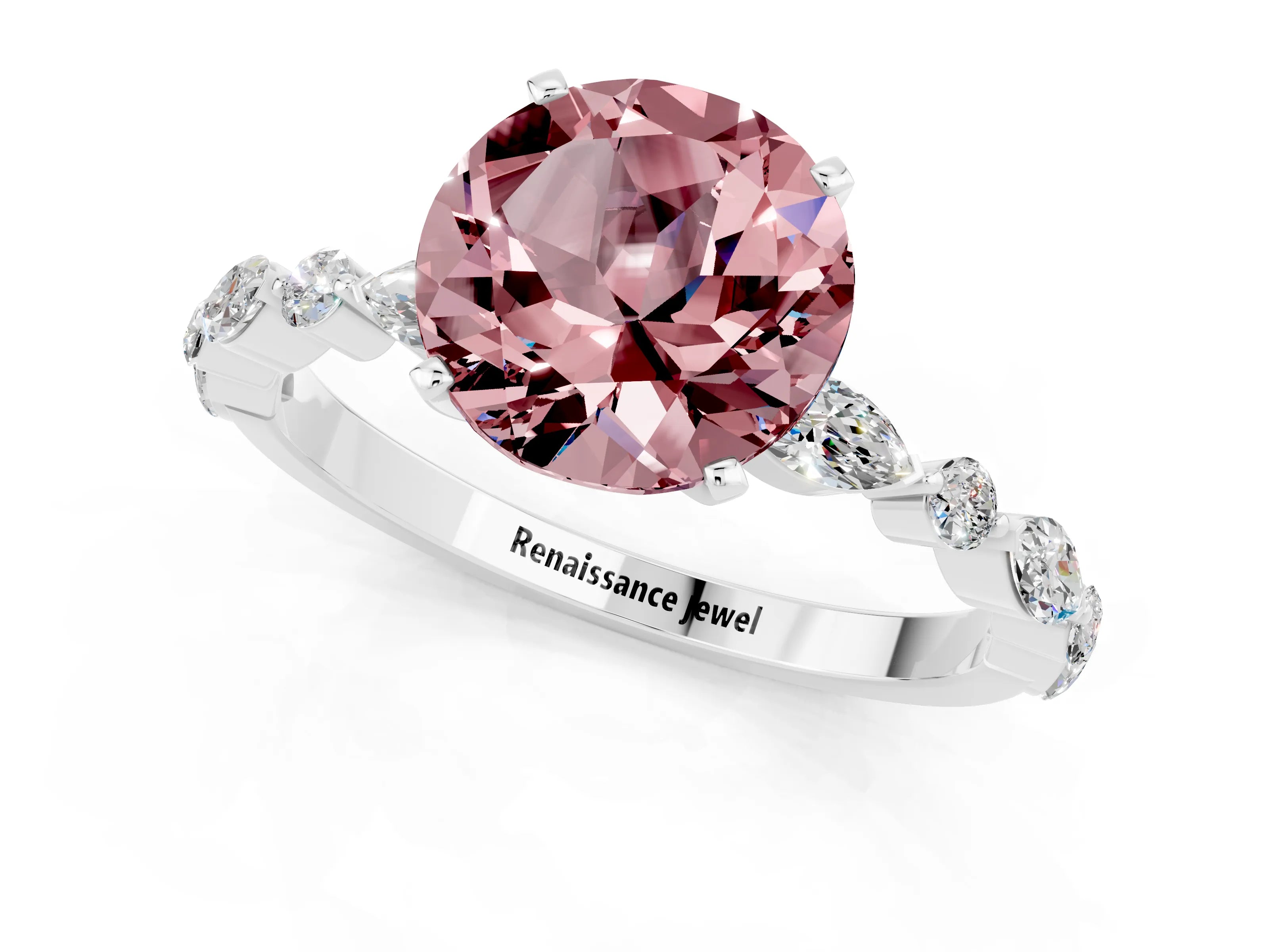 White gold Round Cut Morganite Solitaire with Side Stones on a Pavé Band and Four-Prong Setting_1