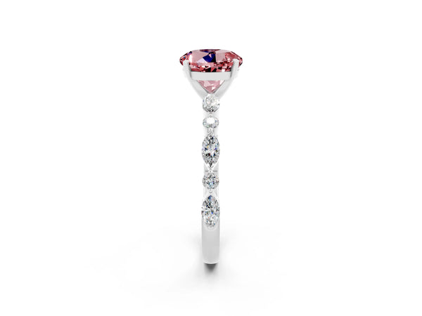 Platinum Round Cut Morganite Ring with Marquise and Round  Side Stones and Four-Prong Setting