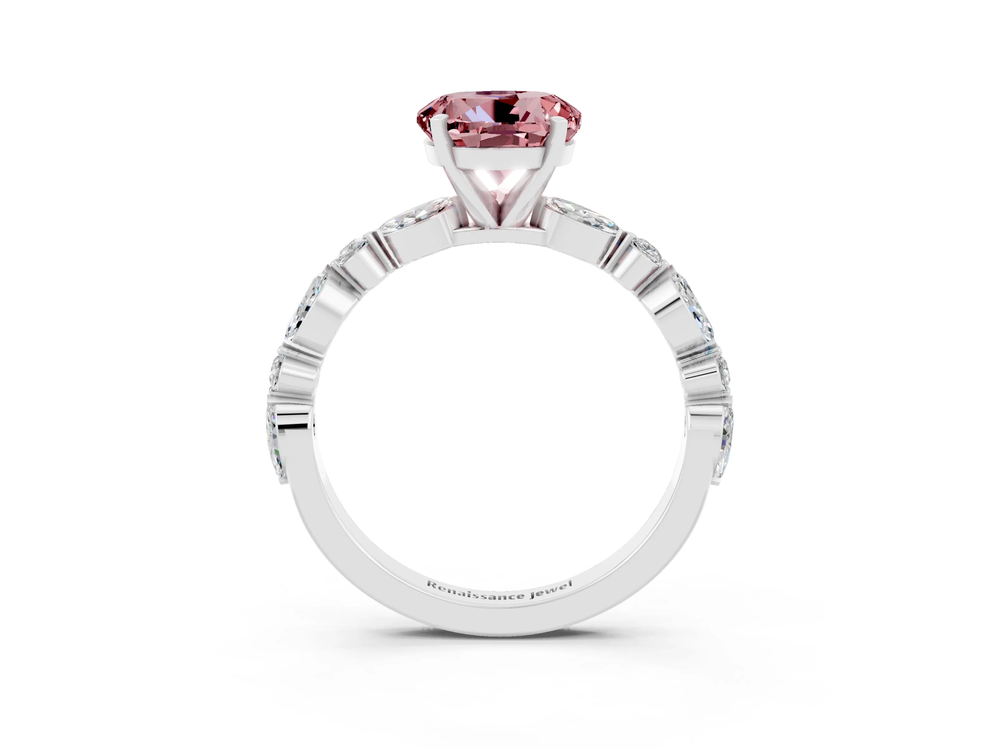 White gold Round Cut Morganite Solitaire with Side Stones on a Pavé Band and Four-Prong Setting_3