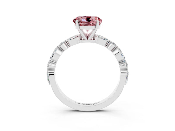 Platinum Round Cut Morganite Ring with Marquise and Round  Side Stones and Four-Prong Setting