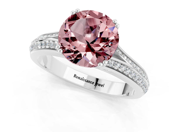 Platinum Round Cut Morganite Split Shank Engagement Ring with Pavé Band