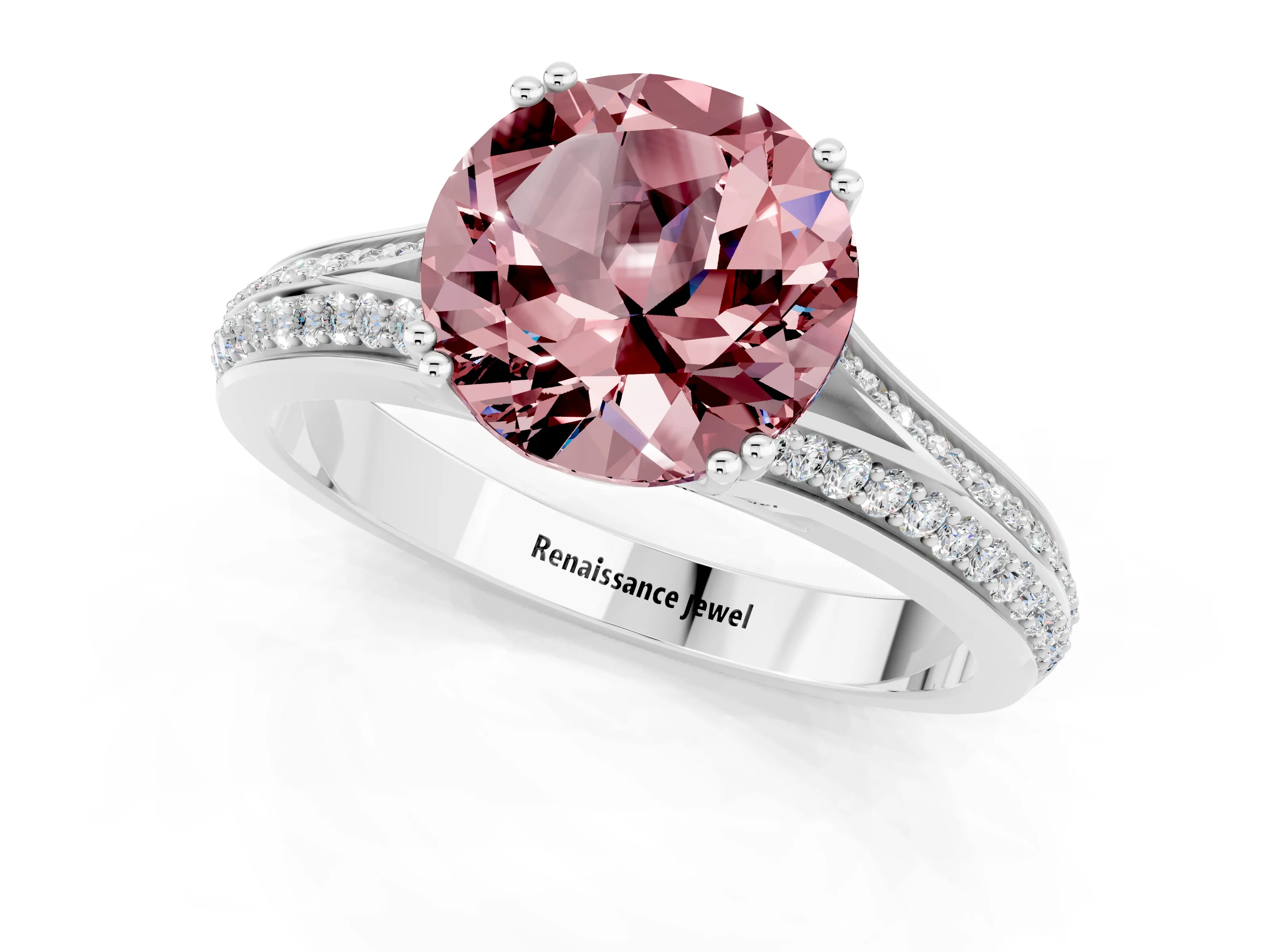 White gold Round Cut Morganite Split Shank Engagement Ring with Pavé Band_1