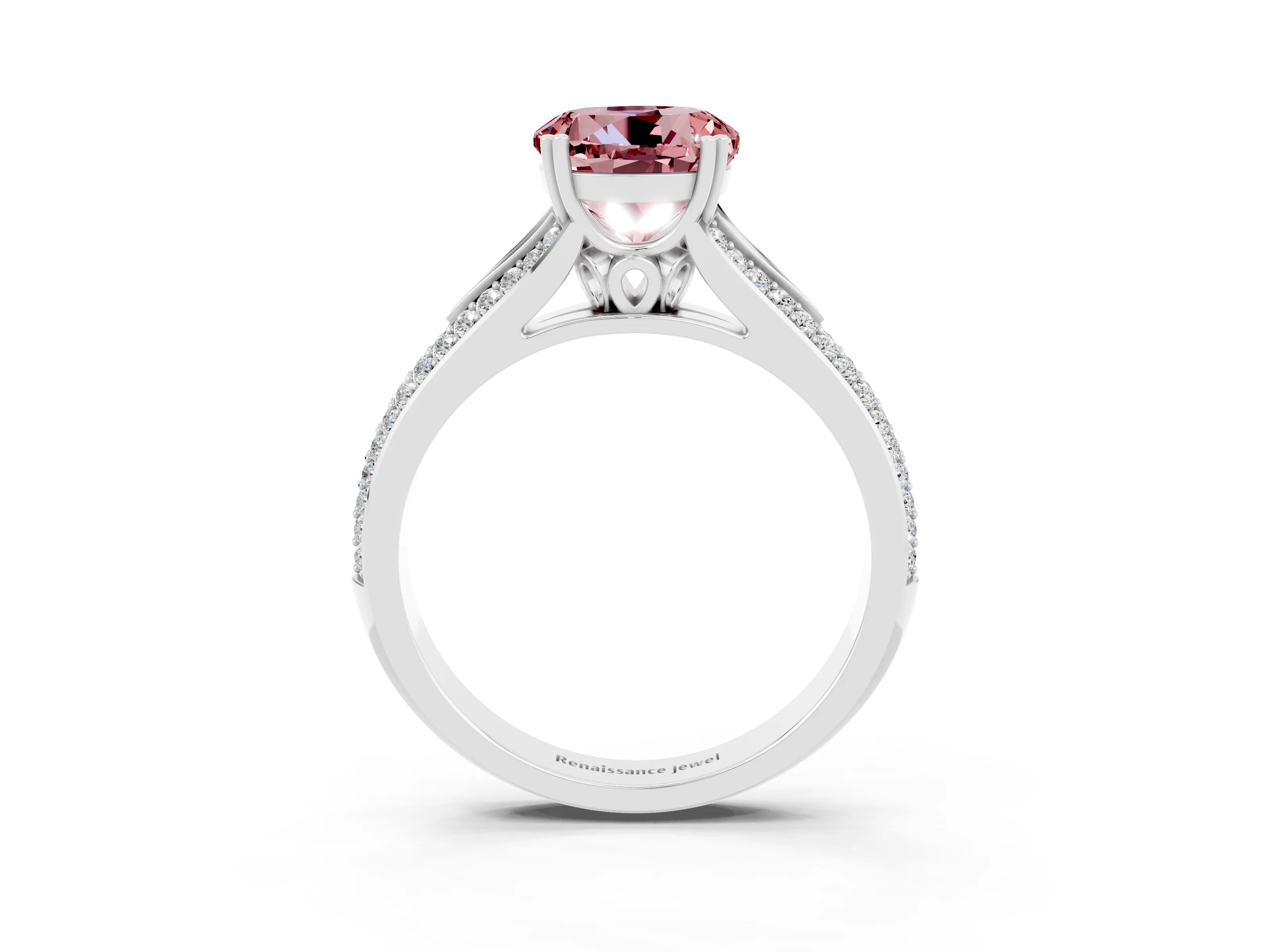 White gold Round Cut Morganite Split Shank Engagement Ring with Pavé Band_3