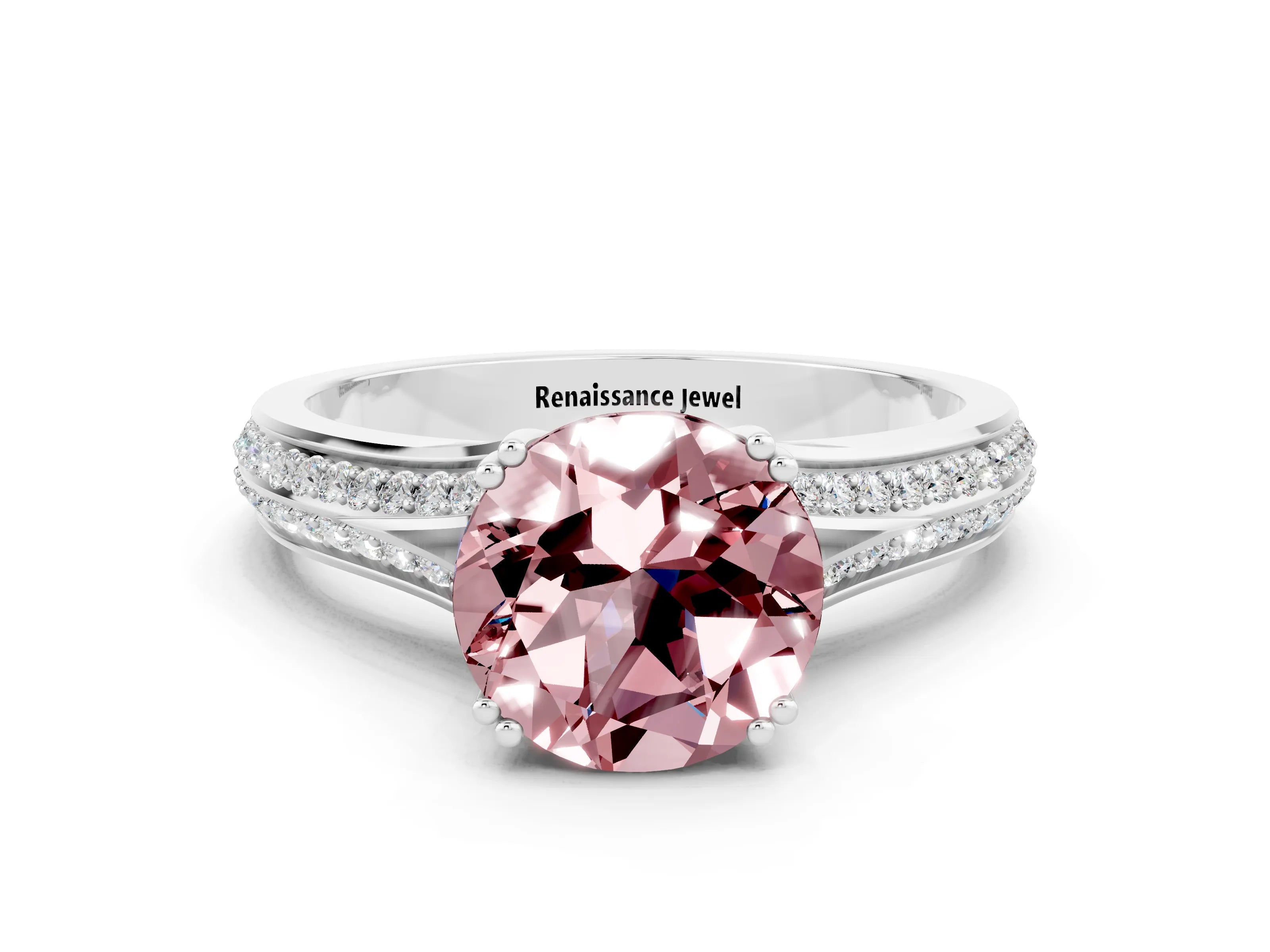 White gold Round Cut Morganite Split Shank Engagement Ring with Pavé Band
