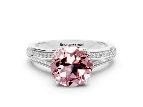 White gold Round Cut Morganite Split Shank Engagement Ring with Pavé Band
