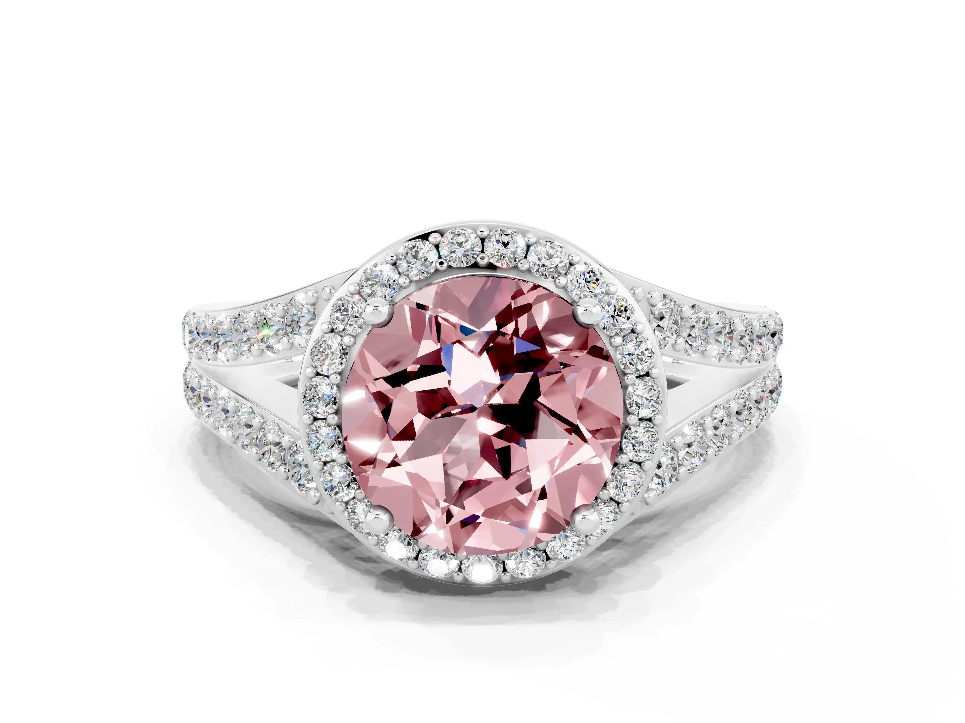 White gold Round Cut Morganite Split Shank Halo Ring with Four-Prong Setting_12