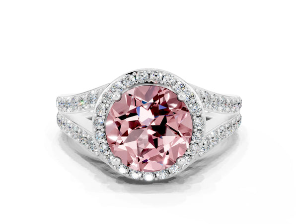 Platinum Round Cut Morganite Split Shank Halo Ring with Four-Prong Setting