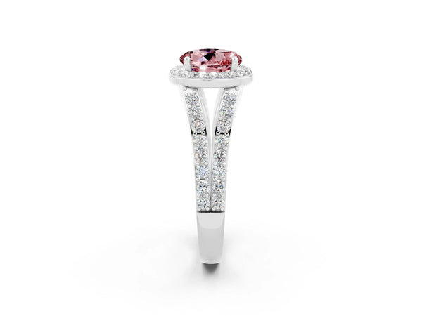 White gold Round Cut Morganite Split Shank Halo Ring with Four-Prong Setting