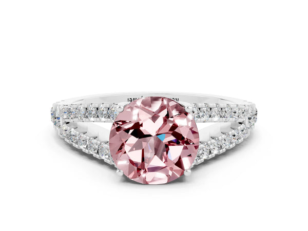 Platinum Round Cut Morganite Split Shank Pavé Engagement Ring with Four-Prong Setting