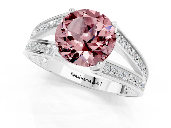 Silver Round Cut Morganite Split Shank Ring with Pavé Band and Four-Prong Setting