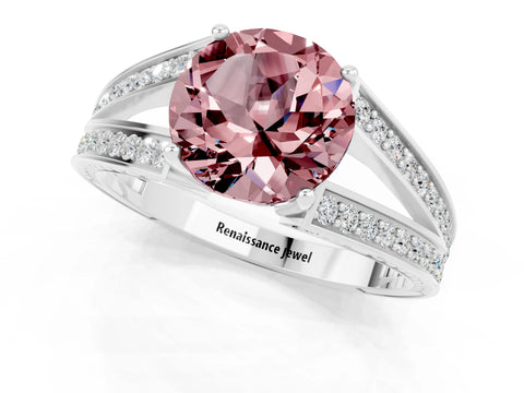 White gold Round Cut Morganite Split Shank Ring with Pavé Band and Four-Prong Setting_1