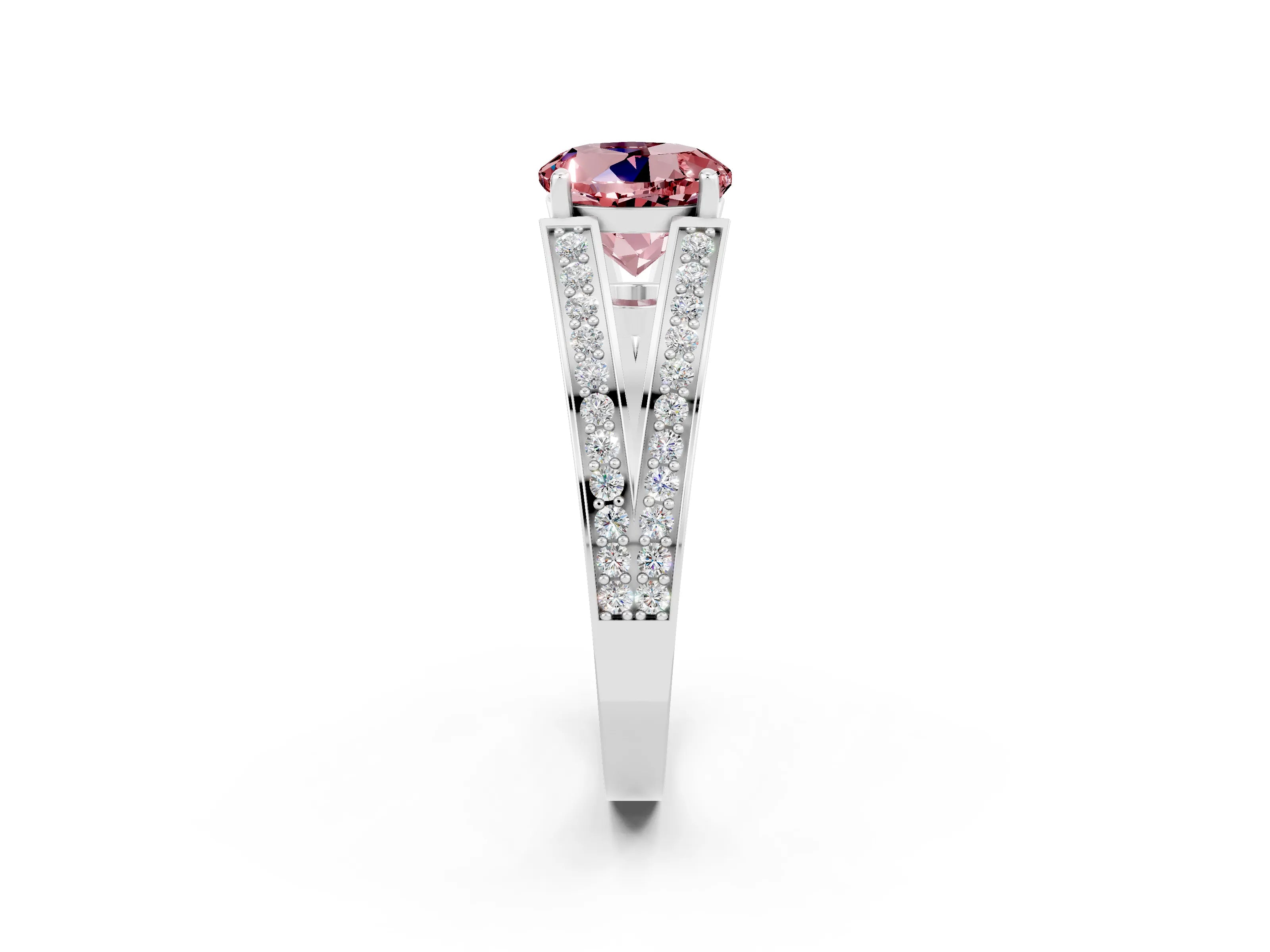 White gold Round Cut Morganite Split Shank Ring with Pavé Band and Four-Prong Setting_2