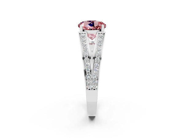 White gold Round Cut Morganite Split Shank Ring with Pavé Band and Four-Prong Setting