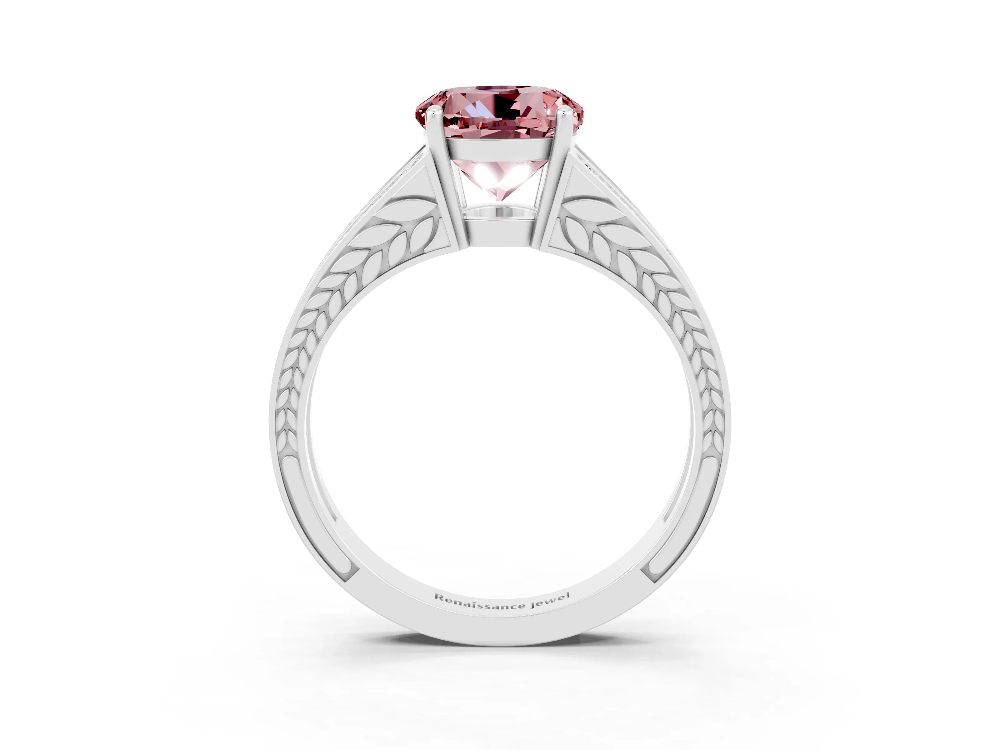 White gold Round Cut Morganite Split Shank Ring with Pavé Band and Four-Prong Setting_3