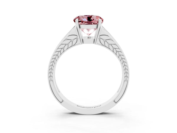 White gold Round Cut Morganite Split Shank Ring with Pavé Band and Four-Prong Setting